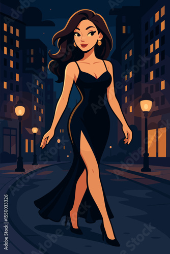 Elegant woman in a long black dress walking through the city at night. Glamorous female character strolling on a dark street. Fashionable nightlife vector cartoon illustration.
