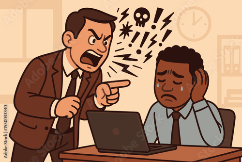 Angry manager shouting at a sad African American employee. Workplace bullying, verbal abuse, racism, and harassment concept. A toxic boss creating a hostile work environment vector.
