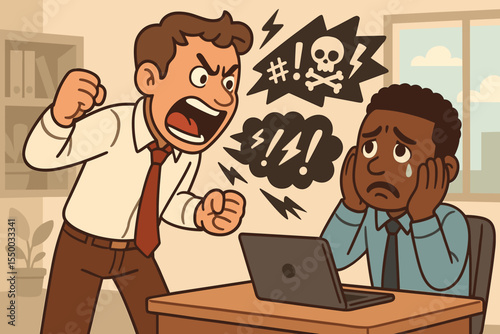 Angry boss shouting at a scared employee. Workplace bullying, harassment, and racism concept. Aggressive manager screaming at a black worker. Toxic office conflict illustration.