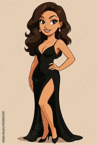 Sexy elegant woman in a little black dress. Alluring blonde character posing for a glamorous party or night out. Beautiful fashion model ready for clubbing. Vector cartoon illustration.