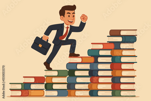 Ambitious businessman climbing stairs made of books, a metaphor for career advancement through continuous learning. Concept of success, knowledge, and growth. Vector cartoon.