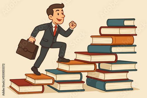 Businessman climbing a career ladder made of books. Metaphor for success, growth, ambition, and professional development through knowledge, learning, and education. Vector.