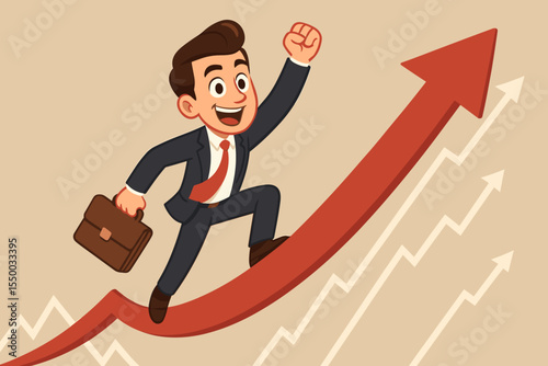 Ambitious businessman celebrating success by running up a red arrow graph. Concept of financial growth, stock market surge, investment profit, and career development. Vector illustration.