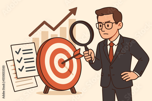Businessman analyzing business objectives with a magnifying glass. Manager focusing on a target, symbolizing goal achievement, strategy, success, performance review, and growth. Vector.