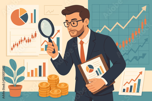 Financial analyst examining stock market trends. Businessman with magnifying glass analyzing investment data, graphs, charts. Concept of business growth, trading, economy. Vector cartoon.