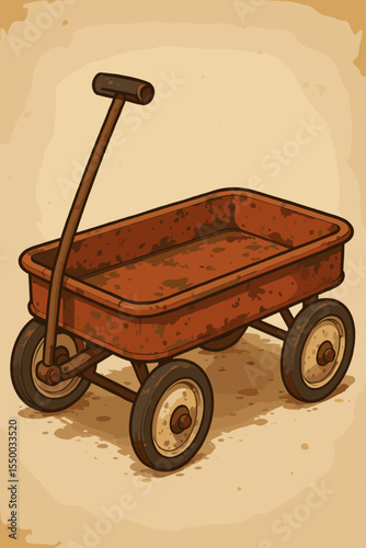 Vintage red toy wagon illustration. Classic antique pull trolley cart with rusty texture. Nostalgic childhood memory concept. Retro cartoon drawing of an old little red wagon.