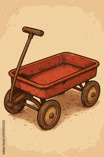 Vintage red wagon vector illustration. Classic antique pull trolley toy, rusty and weathered. Nostalgic childhood concept. Old retro garden cart isolated on a textured grunge background.