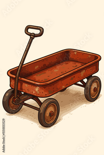 Vintage red toy wagon vector illustration. Nostalgic pull-along cart with rusty texture. Antique childhood play trolley graphic isolated on a background for classic retro design.