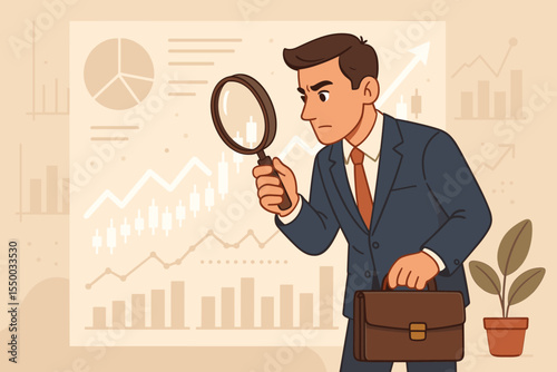 Businessman investor analyzing stock market data with a magnifying glass. Financial analyst examining charts and graphs for investment strategy. Trading research and economy forecast.
