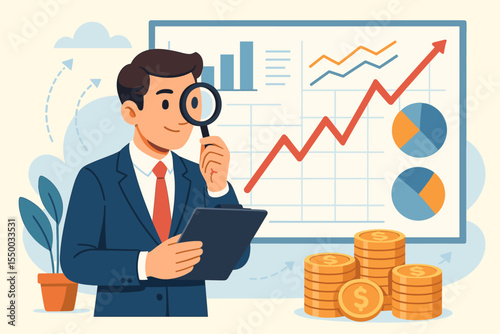 Businessman Analyzing Stock Market Trends and Investment Growth Prospects with Magnifying Glass and Digital Tablet, Financial Charts, Graphs, Pie Diagrams, Coins, Profit Analysis Vector Illustration