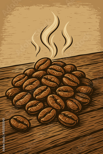 Roasted coffee beans with steam on a rustic wooden table background. Vintage retro woodcut style vector illustration. Aromatic espresso concept for coffee shop, cafe menu, or packaging.