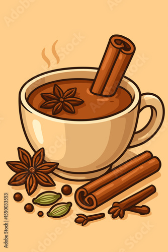 Aromatic Masala Chai tea in a cup with assorted spices. Indian traditional hot drink with cinnamon, star anise, cardamom and cloves. Cozy winter beverage vector cartoon illustration.