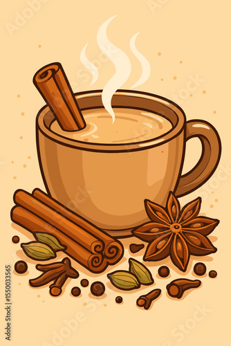 Aromatic masala chai vector illustration. Hot Indian spiced tea in a cup with cinnamon, star anise, cardamom, and cloves. Cozy traditional warm beverage for a cafe menu design.