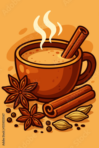 Aromatic Masala Chai, a traditional Indian spiced tea in a mug with steam. Vector illustration with cinnamon, star anise, cardamom, and peppercorns. Cozy hot winter beverage concept.
