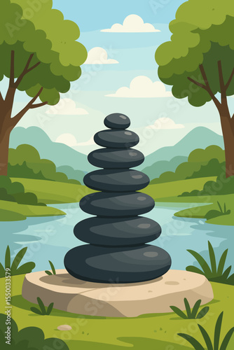 Zen stone cairn balance in tranquil nature landscape, peaceful river scene, mindfulness meditation outdoors, harmony, wellness, cartoon vector, green forest, calm mountains, relaxation