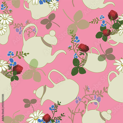 Seamless vector pattern featuring vintage teapots, chamomile, clover, and wildflowers on a pink neutral background. Ideal for girls toys and stationary, fun categocore kitchen textiles, tea towels