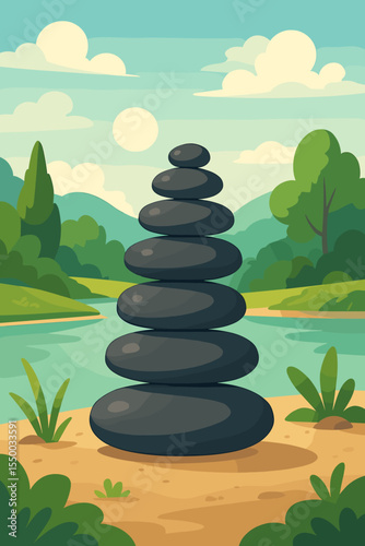 Zen stone cairn stacked in tranquil nature landscape, riverbank, peaceful mindfulness concept, calm outdoor environment, lush greenery, meditation, wellness, vector cartoon illustration
