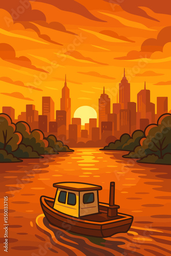 Vibrant river boat at sunset with modern city skyline, dramatic orange sky, reflected water, green trees, peaceful landscape, urban evening scenery, vector cartoon illustration