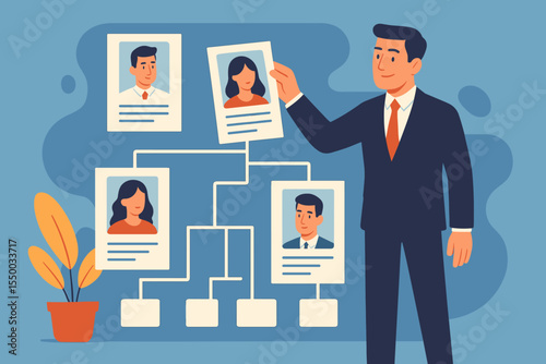 Business leader organizing employee profiles in company hierarchy, organizational chart, HR management, recruitment strategy, team building, human resources, corporate leadership concept vector