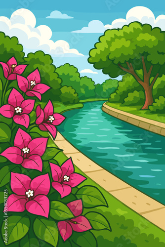 Vibrant pink bougainvillea flowers beside peaceful winding canal, lush green trees and bushes, scenic summer park landscape, blue sky, cartoon vector nature illustration, no text elements