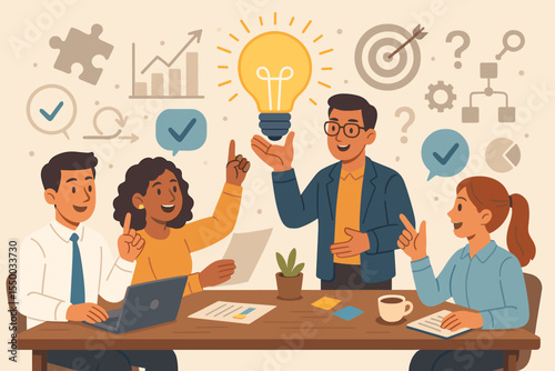 Creative Team Meeting, Brainstorming Innovative Business Ideas, Collaboration Concept, Office Workers Discussing Solutions, Light Bulb Inspiration, Project Planning, Vector Illustration