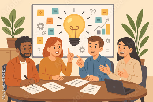 Diverse team brainstorming creative solutions and innovative business ideas, collaborating at office round table with documents and laptop, lightbulb concept, teamwork, vector illustration