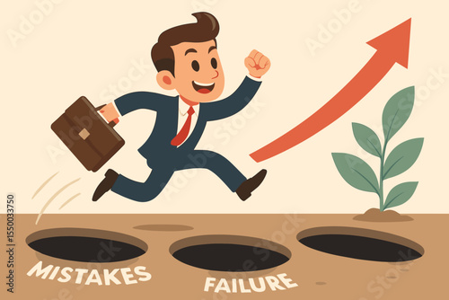 Confident businessman jumping over pitfalls, avoiding mistakes and failure, achieving business growth and success, motivation concept, upward arrow, career development, vector illustration