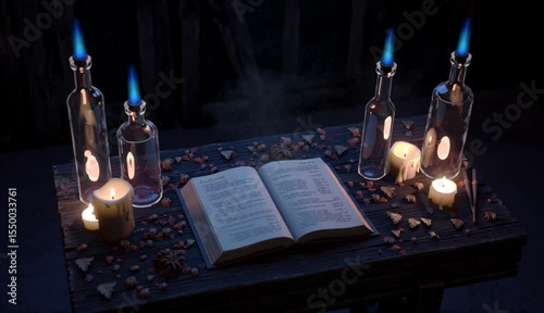 Mysterious candlelit table with an open book and swirling flames at midnight