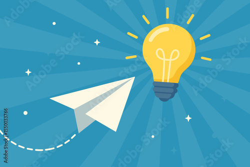 Startup idea and innovation concept. Paper airplane flying towards a shining light bulb. Metaphor for creative thinking, business strategy, goal, solution, and project launch. Vector.