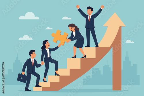 Business team collaboration success growth. Teamwork concept. People helping each other climb stairs to goal. Puzzle piece solution. Businessmen women working together. Career progress, leadership