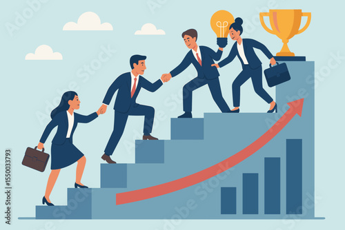 Business teamwork success concept. Team of professionals helping each other ascend stairs, collaboration, leadership, corporate growth, progress, idea, achievement, trophy, career development