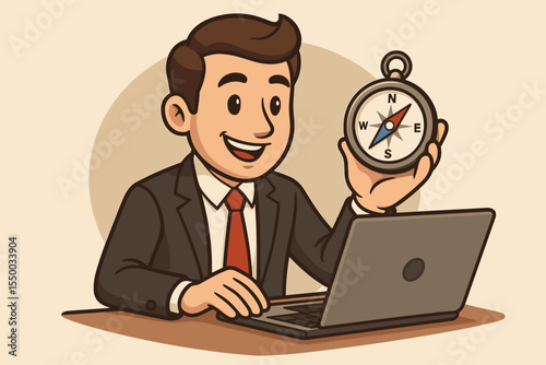 Businessman in suit at laptop holding compass, strategic direction, guidance, leadership, decision making, business strategy, navigation, cartoon vector illustration, office concept