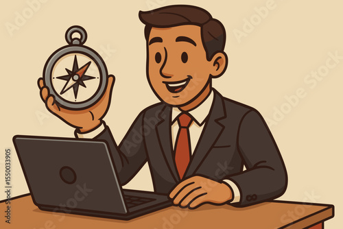 Businessman Holding Compass Laptop at Desk, Strategic Leadership Guidance, Business Decision Making, Direction, Success Navigation, Office Planning, Vector Cartoon, Career Path Concept