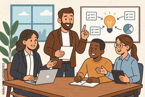 Diverse business team brainstorming, discussing project ideas, collaborating in modern office, teamwork meeting, creative strategy planning, group workflow, technology usage, vector illustration