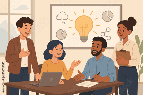 Diverse business team brainstorming innovative project ideas in office meeting, teamwork discussion, collaboration, creative planning, data analysis, leadership, modern workspace vector illustration