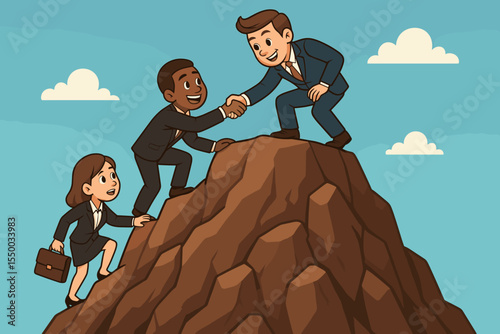 Business teamwork achievement, leader helping colleagues climb mountain to success, teamwork support, leadership guidance, corporate cooperation, motivation, goal accomplishment, cartoon vector
