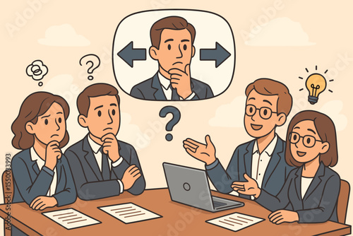 Business team discussing choices and making informed decisions, evaluating options and alternatives, brainstorming solutions, group meeting, teamwork, corporate strategy, vector illustration