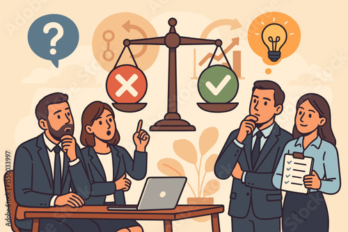 Business team decision making, evaluating options, alternatives and solutions. Weighing pros and cons, risk analysis, teamwork, strategy planning, choosing best action. Vector illustration