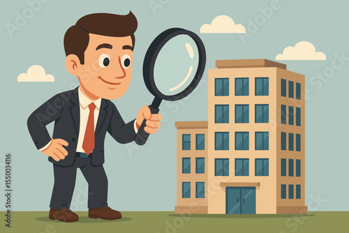 Cartoon businessman in suit with magnifying glass inspecting office building, representing property investment, real estate analysis, business opportunity search, commercial realty evaluation