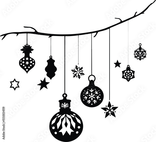 Hanging Christmas Ornaments Vector – Silhouette Branch with Baubles, Snowflakes, and Festive Decor
