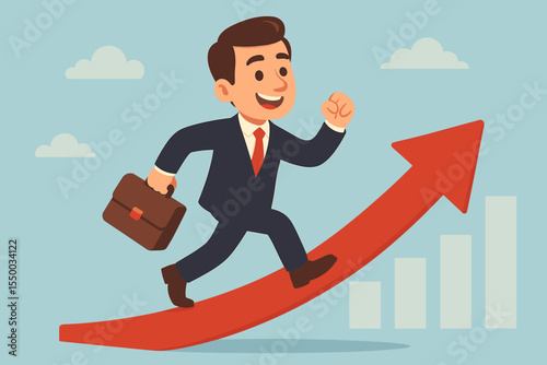 Ambitious businessman in suit running upward on red arrow graph, career growth success, progress, opportunity, motivation, professional achievement, financial business vector illustration
