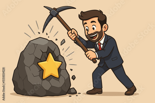 Determined Businessman Breaking Rock with Pickaxe to Reveal Golden Star, Symbolizing Hard Work, Achievement, Success, Career Goals, Motivation, Perseverance, and Professional Growth Concept Vector