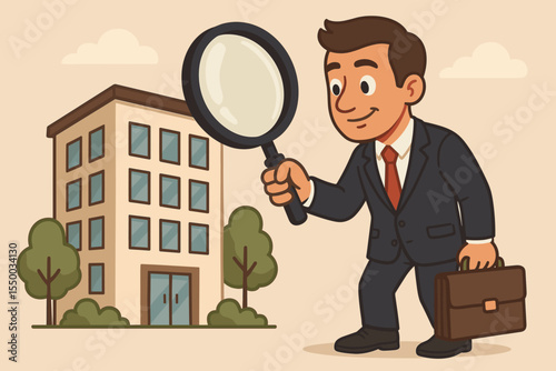 Cartoon businessman inspecting office building with magnifying glass. Real estate analysis, property investment evaluation, commercial building search, business opportunity concept vector illustration