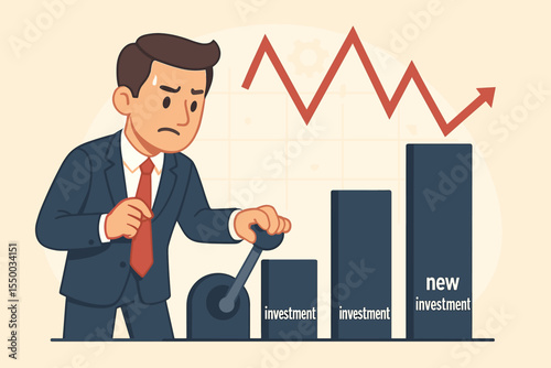 Businessman Managing Investment Portfolio with Lever, Stock Market Volatility, Financial Growth, Risk Management, New Investments, Cartoon Vector Illustration, Economic Strategy Concept