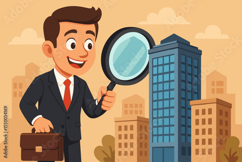 Businessman analyzing commercial building with magnifying glass, real estate investment opportunity, property selection, financial evaluation, urban office search, vector cartoon illustration