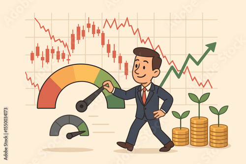 Businessman adjusting investment portfolio, monitoring stock market volatility, financial growth, profit increase, investment strategy, economic success, vector cartoon illustration