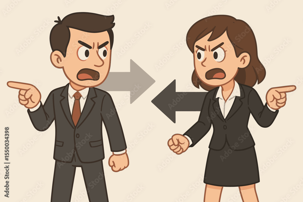 Businessman and Businesswoman Argument, Opposing Directions, Disagreement, Conflict Resolution, Office Dispute, Vector Cartoon, Workplace Communication Problem, Male Female Teamwork Issue Illustration Businessman and Businesswoman Argument, Opposing Directions, Disagreement, Conflict Resolution, Office Dispute, Vector Cartoon, Workplace Communication Problem, Male Female Teamwork Issue Illustration