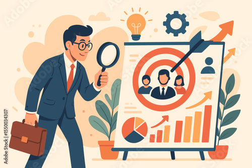 Target marketing concept. Businessman analyzing audience behavior with magnifying glass. Developing business strategy for growth. Customer segmentation and market research vector.