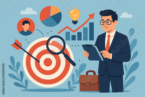 Businessman analyzing target audience behavior and developing business strategy. Concept of target marketing, consumer research, determining goals with charts. Vector illustration.