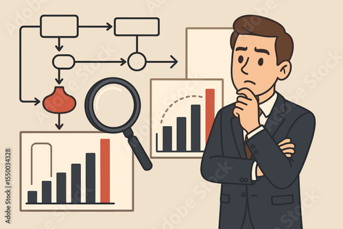 Businessman analyzing workflow optimization and process bottlenecks, business analytics, data visualization, magnifying glass, bar charts, process flow, strategic planning, vector illustration